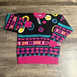FILA 100% Wool Knit Pullover Sweater Women's Crew Neck Geometric Black Pink